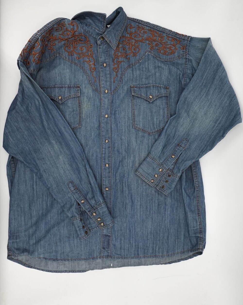 Panhandle Slim Western Shirt Mens XXL Blue Graphic Denim Embroidered Snap Pearl